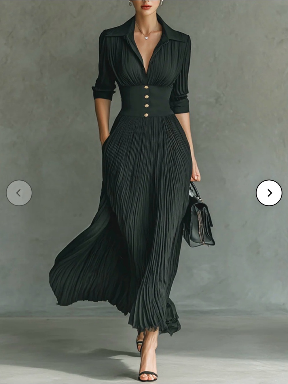 Modesees Women's Black Pleated Lapel Waist Maxi Dress NWT